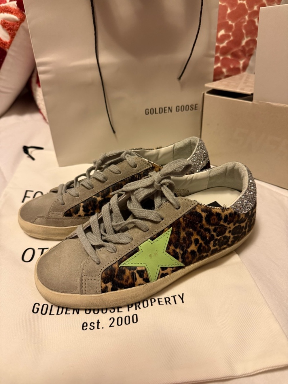 Golden Goose Leopard Print Sneakers with Green Star and Silver Heel - Picture 6 of 9